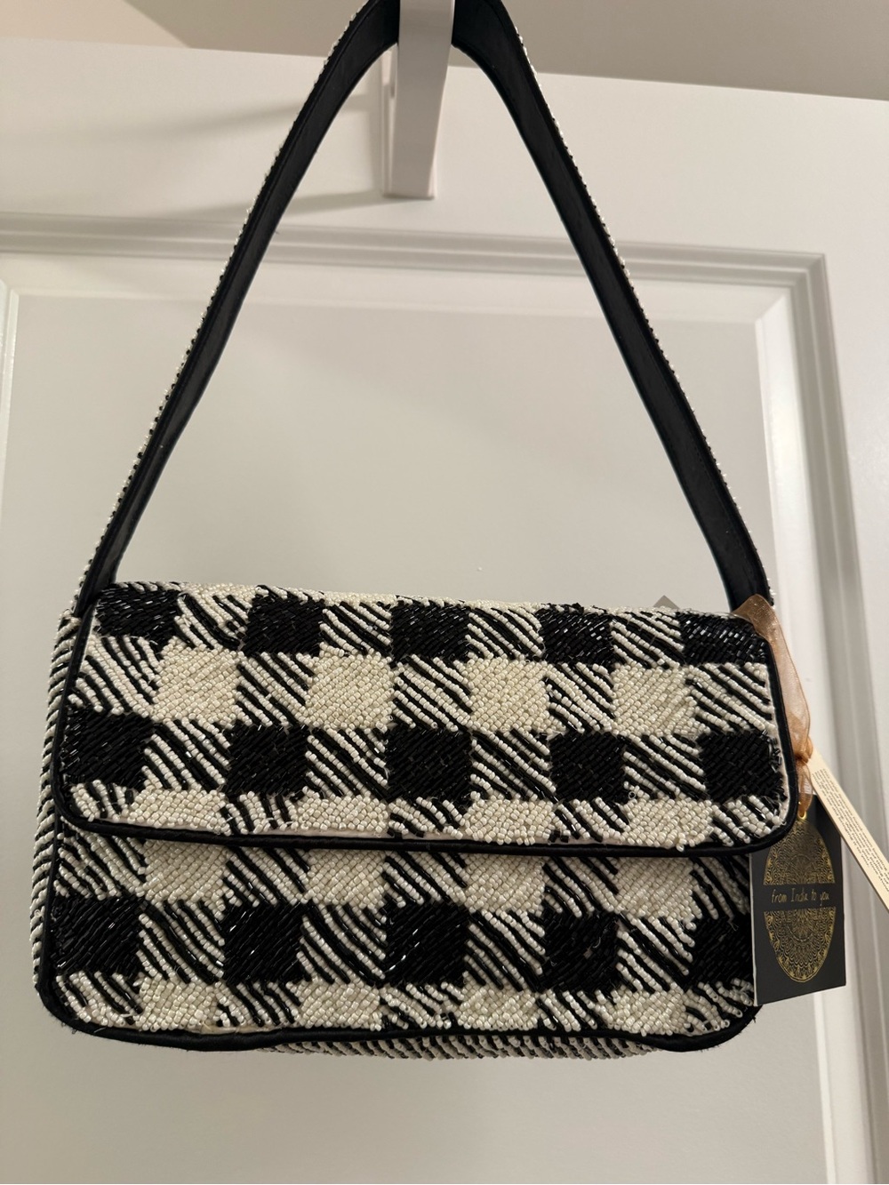 Black & White Check Beaded Shoulder Bag - Women